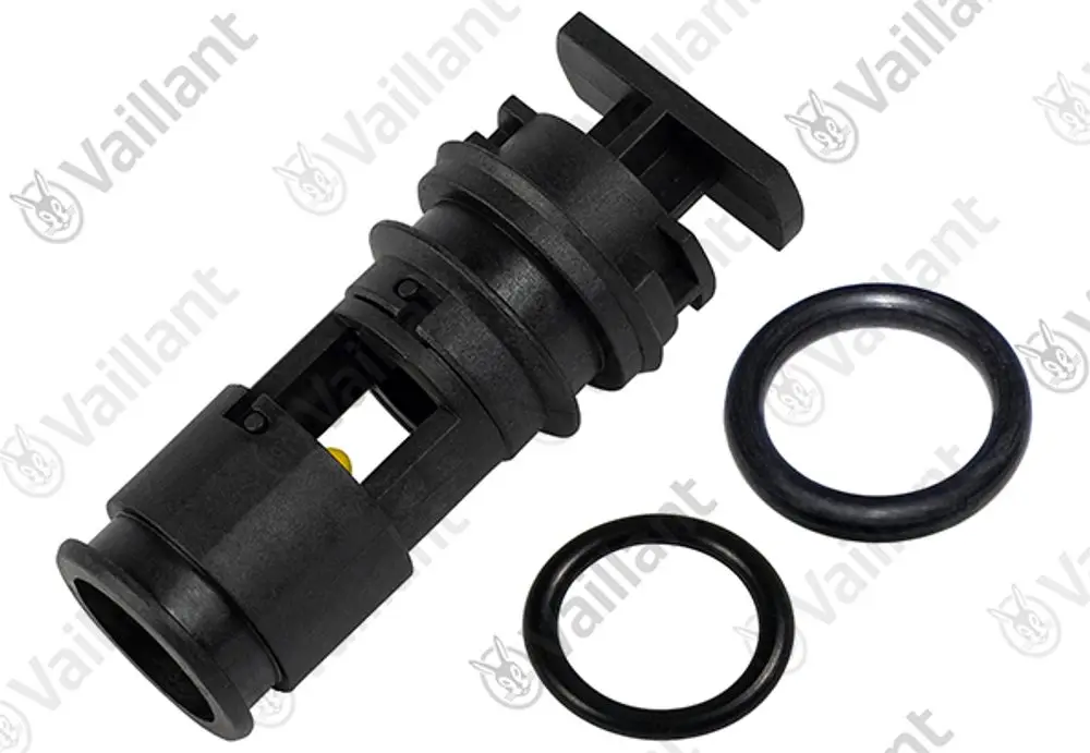 Vaillant Hülse mit zwei O-Ringen, wahrscheinlich für einen Wassermengenbegrenzer. Die Komponente hat eine schwarze Kunststoffoberfläche und eine spezifische Form.